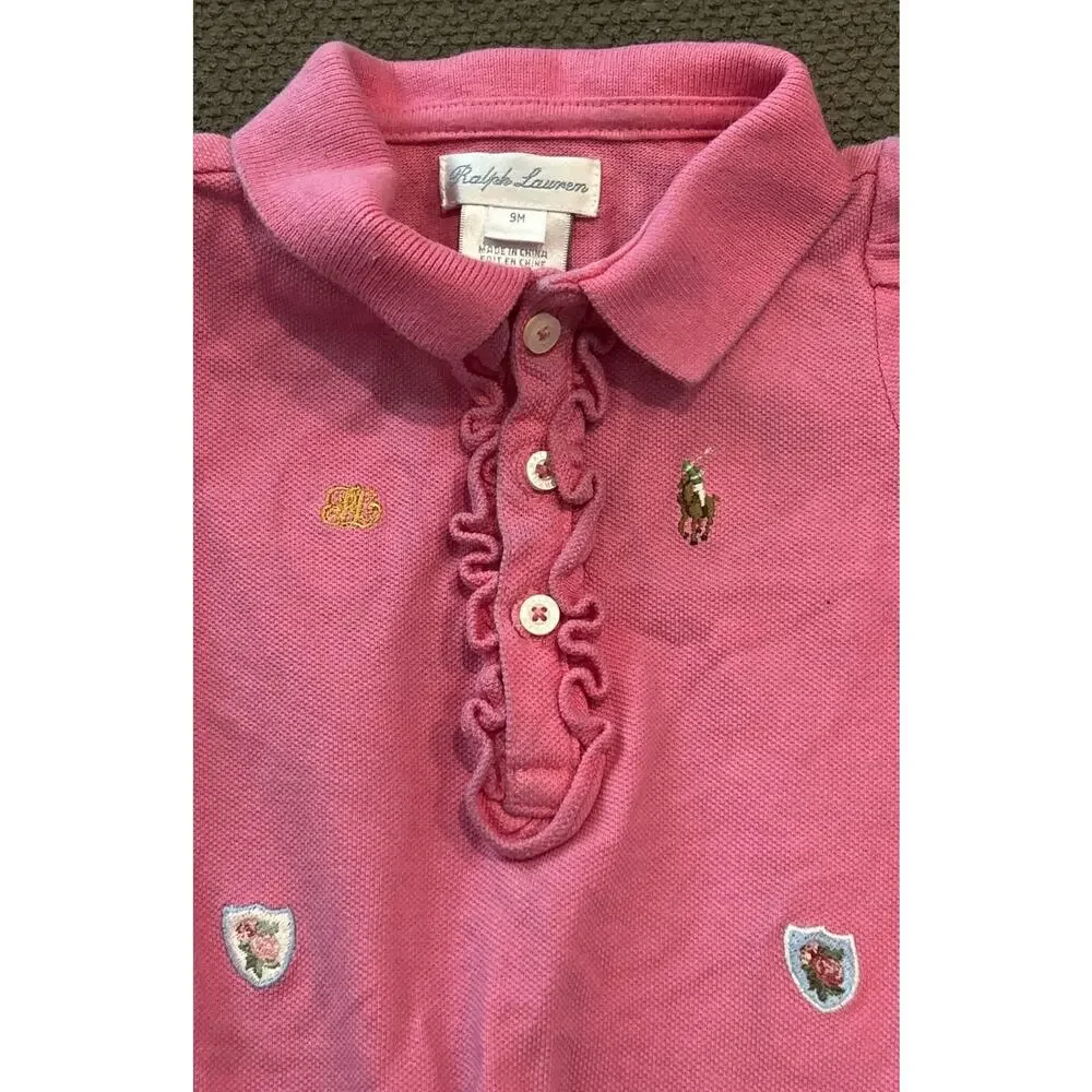 Infant RALPH LAUREN Pink Embroidered Long Sleeve Romper Size 9M 9 Months *A2